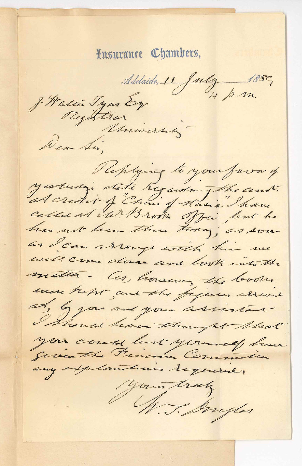 W S Douglas - Auditor - Adelaide - Referring to Audit of Chair of Music Account