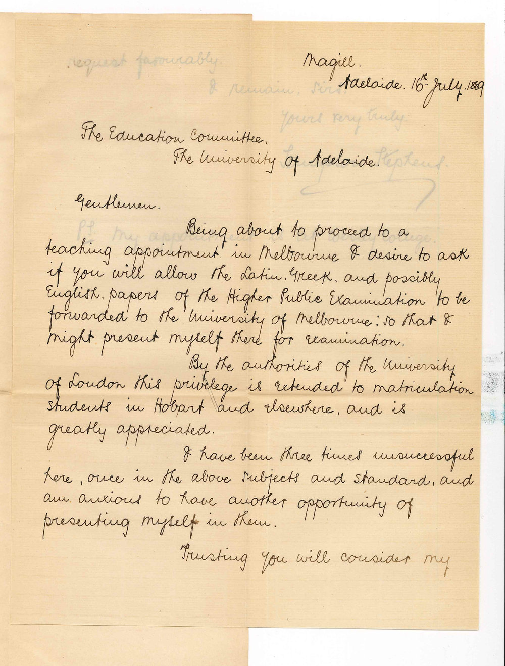 Sampson Stephens - Magill - Permission to be Examined in Melbourne Under Higher Public Examination Regulations