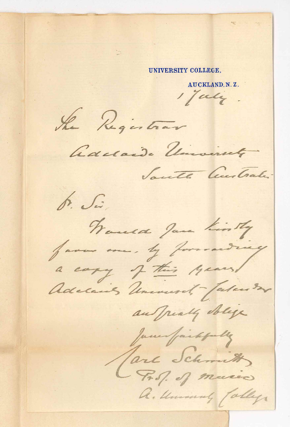 Carl Schmidt - Professor of Music - University College Auckland - Requesting Copy of Adelaide University Calendar
