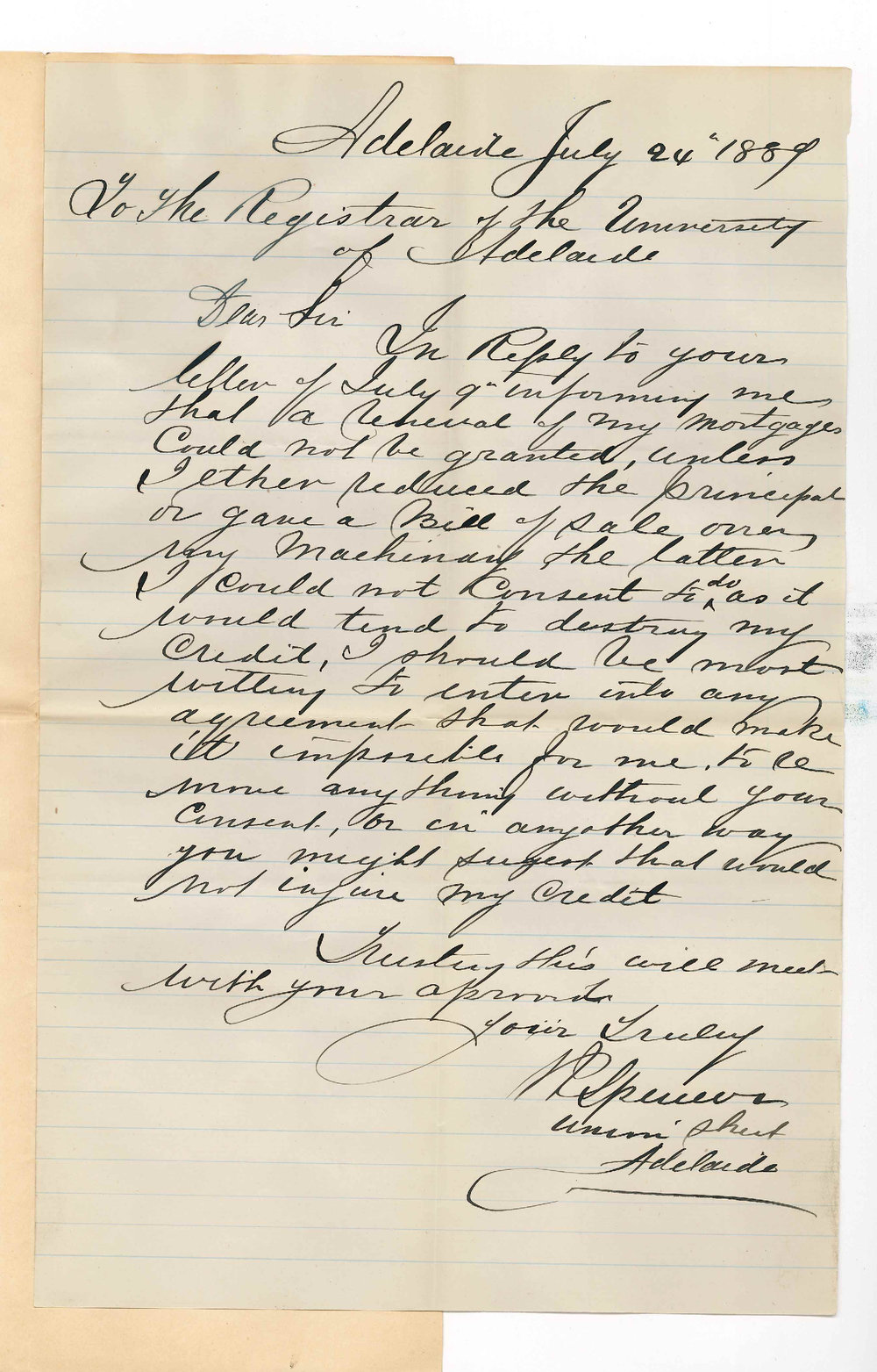 R Spencer - Adelaide - Concerning Renewal of Mortgage and Lien on Machinery