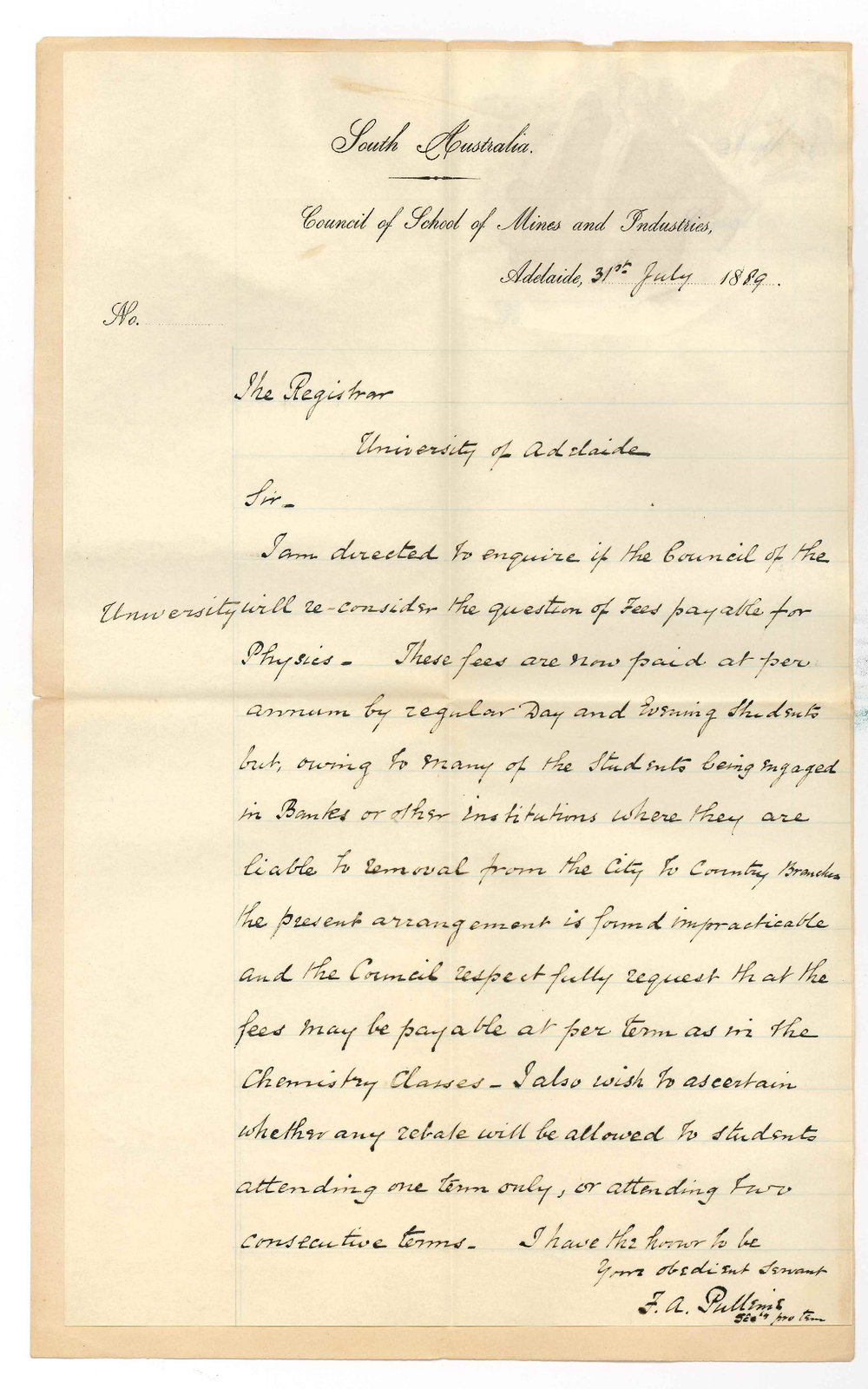 Frederick Arthur Pulleine - Secretary - Council of School of Mines and Industries - Asking Fees for Physics be Paid by the Term Instead of Per Annum