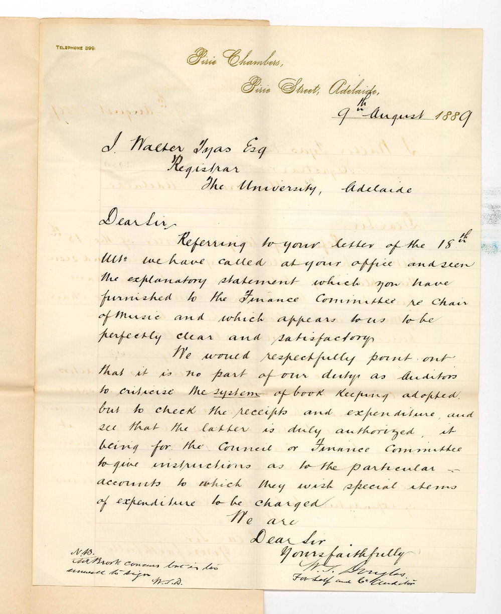 W S Douglas - Auditor - Pirie Street Adelaide - Regarding Audit of Accounts with Special Reference to Chair of Music Account