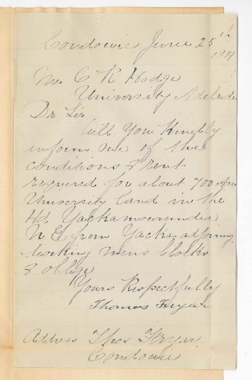 Thomas Fryar - Condowie - Asking Rent of Land at Yacka