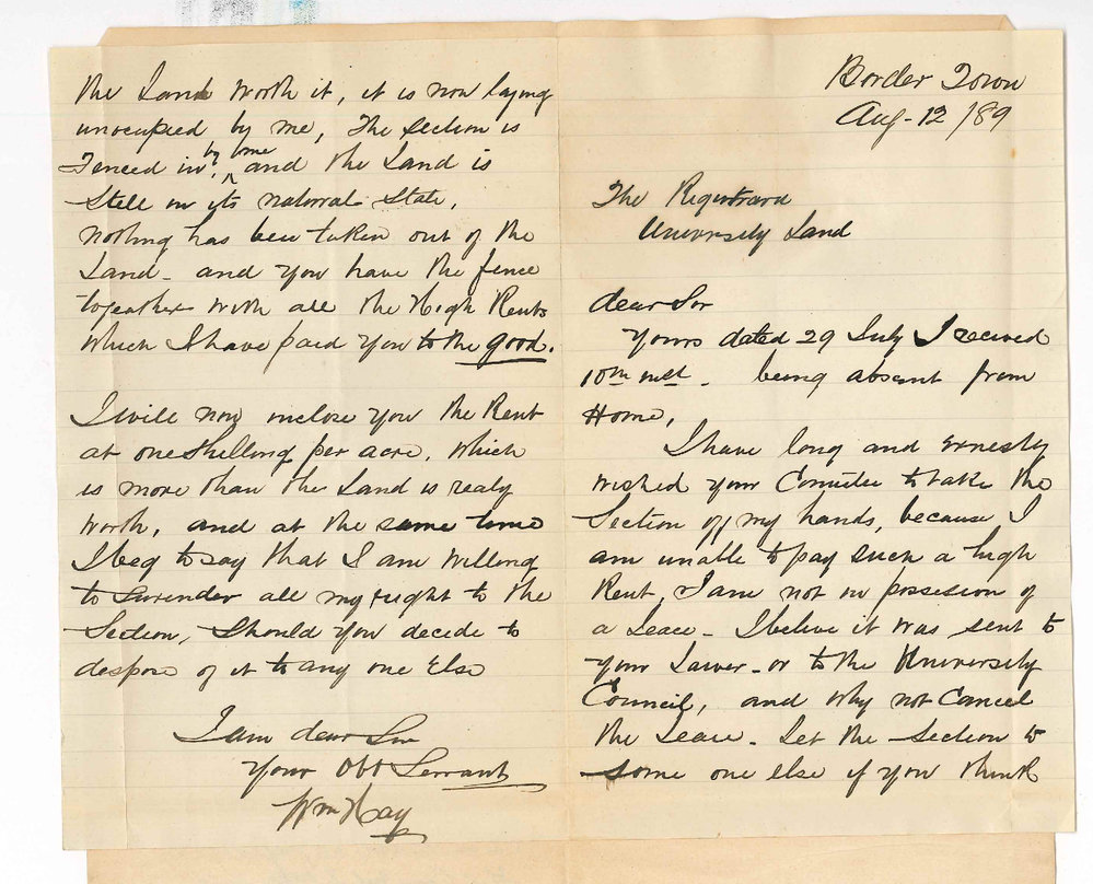 William Hay - Border Town - Concerning Payment of Rent - Offers 1 Shilling Per Acre