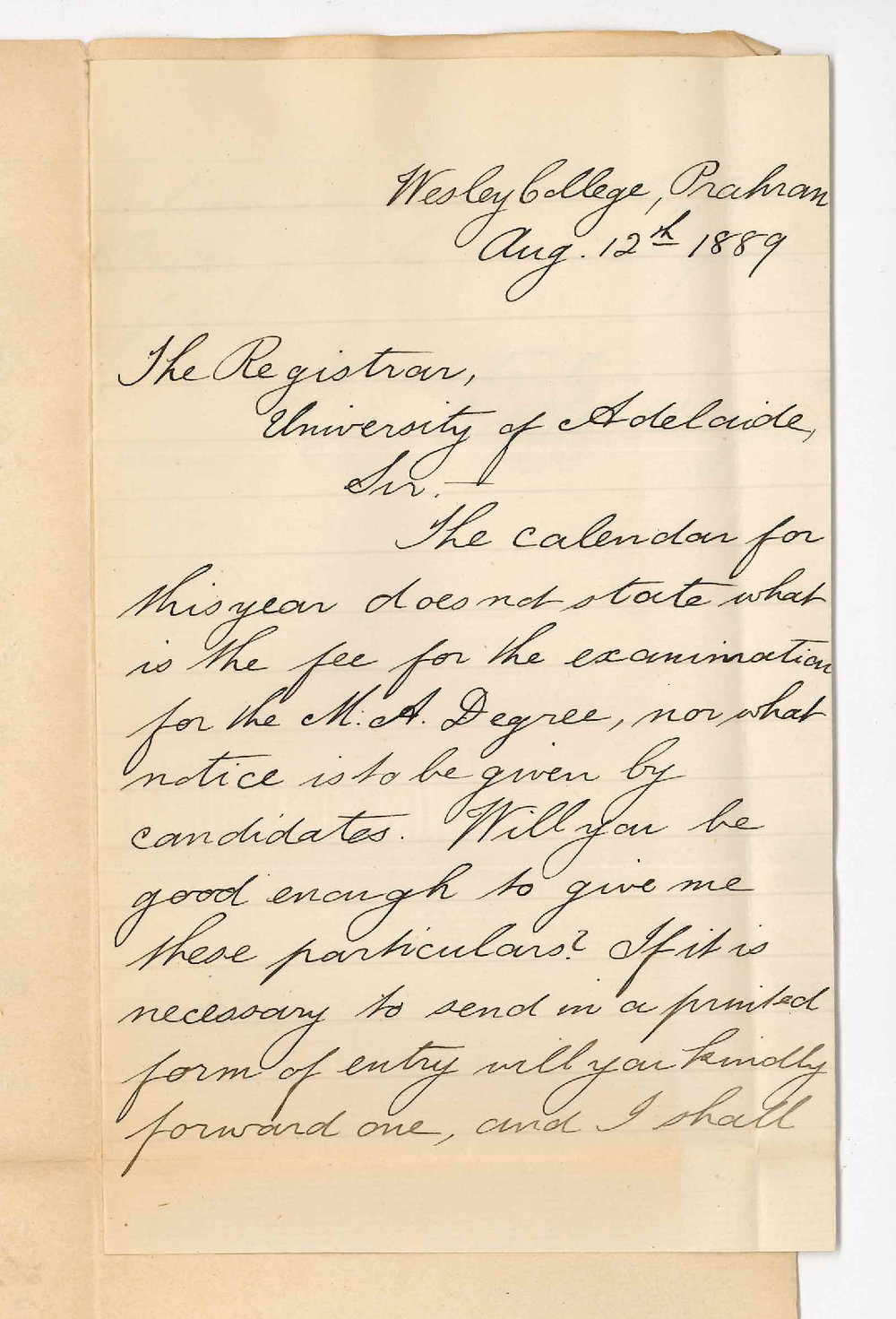 David Henry Hollidge - Wesley College Prahran - Notice and Fee for MA Degree