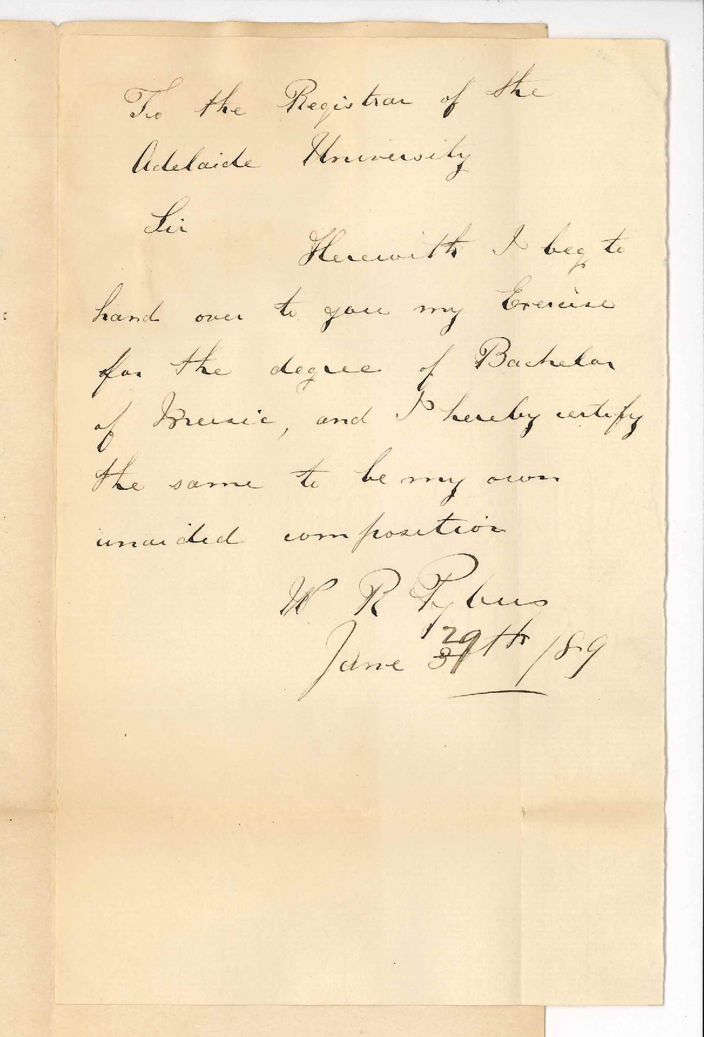 William Richard Pybus - Adelaide - Declaration Regarding Music of Bachelor Composition