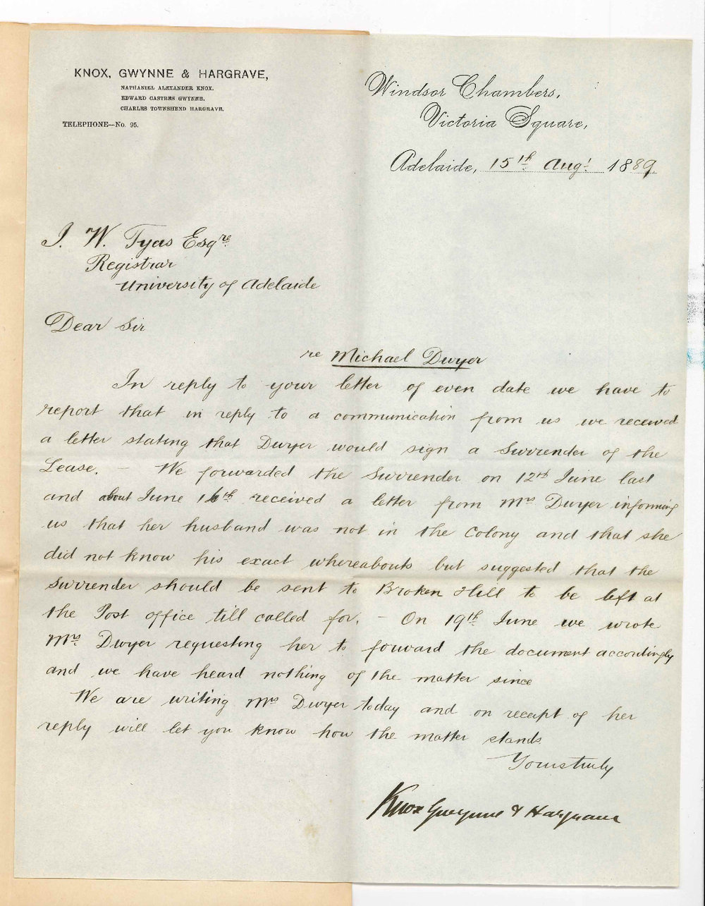 Knox Gwynne and Hargrave - Victoria Square Adelaide - Concerning the Case of Michael Dwyer