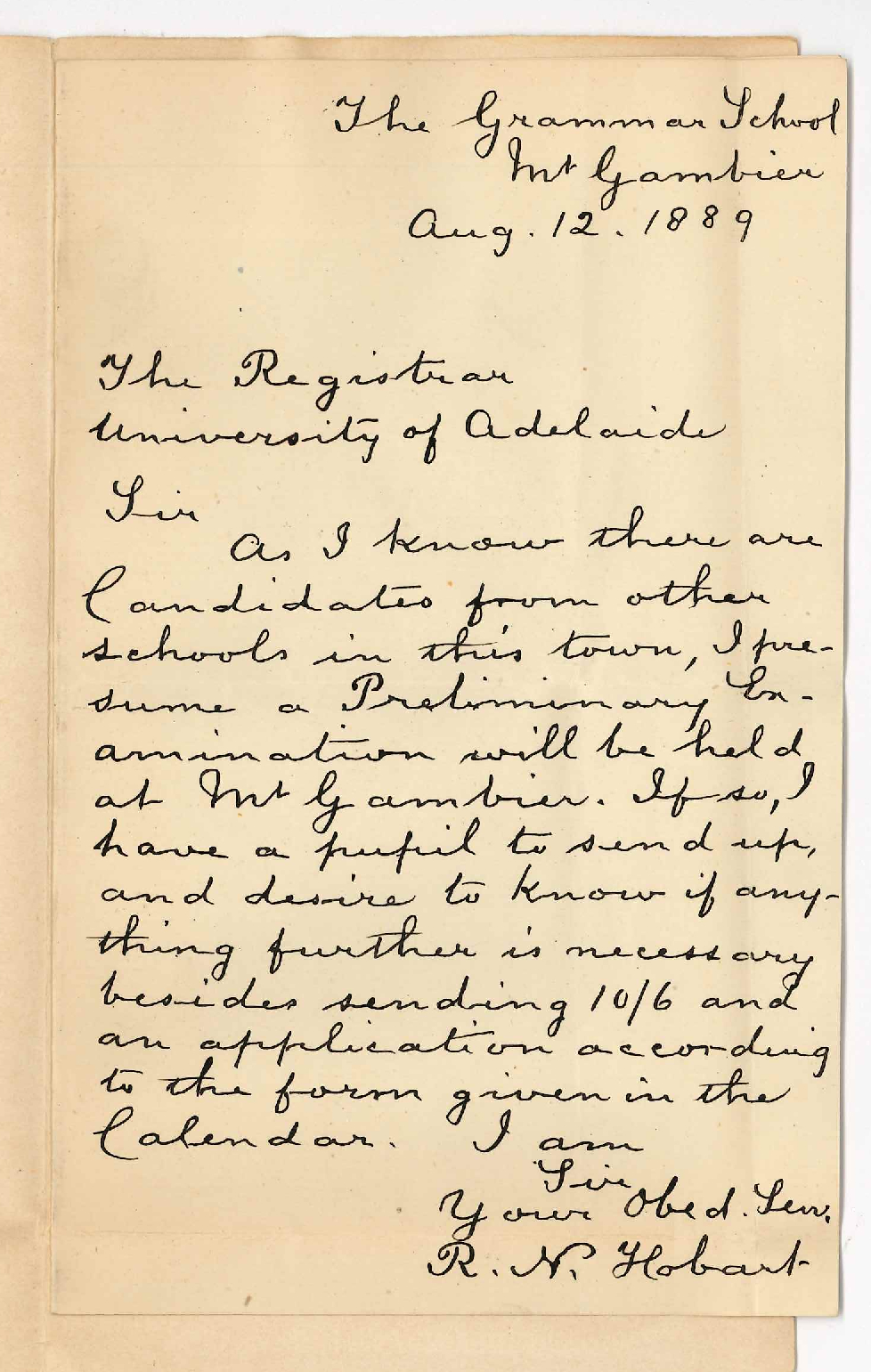 R N Hobart - The Grammar School - Mount Gambier - Candidates for Preliminary Examination at Mt Gambier