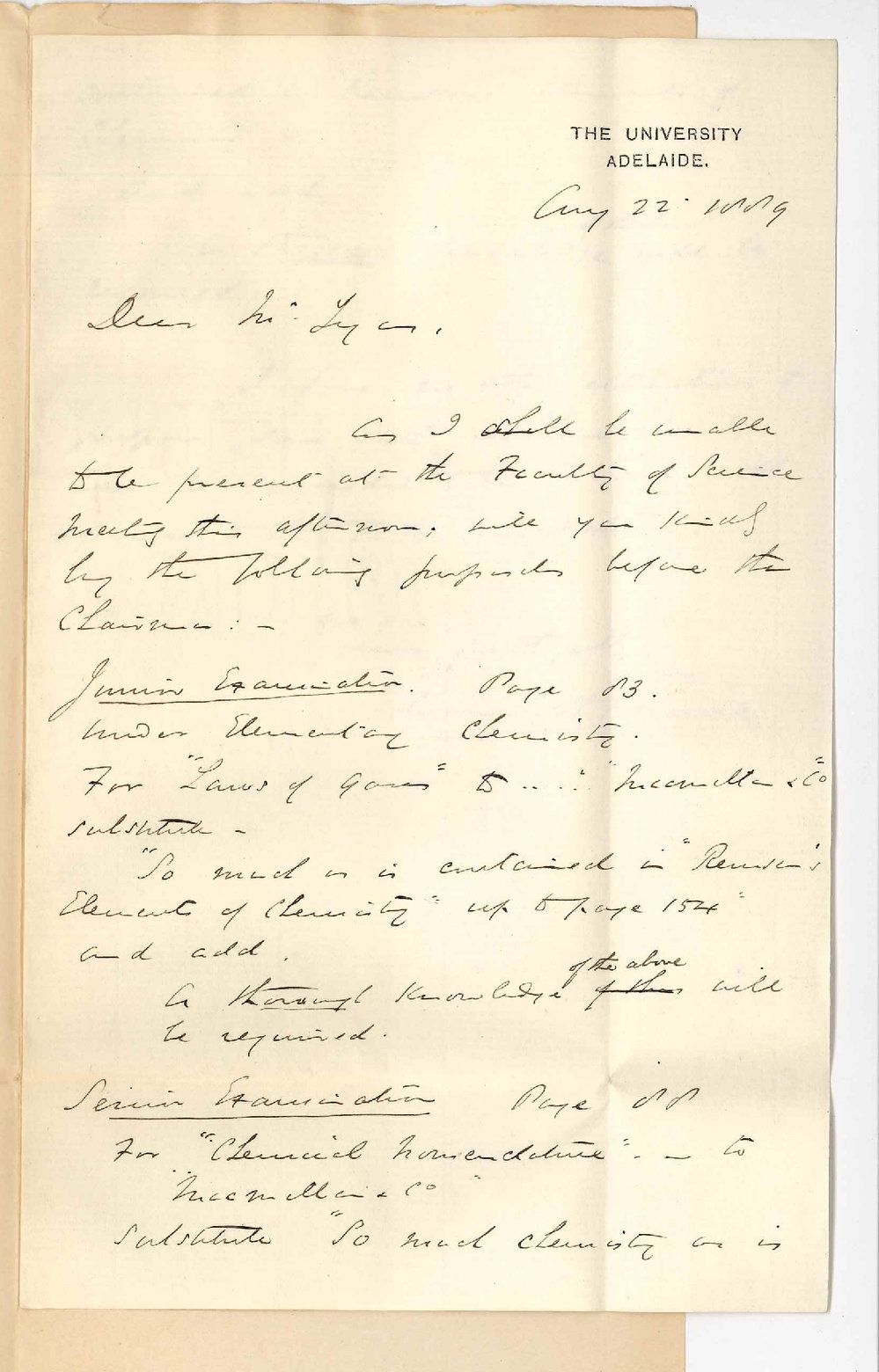 Professor Edward Henry Rennie - The University - Changes in Details of Subjects for Junior and Senior Examinations in 1890