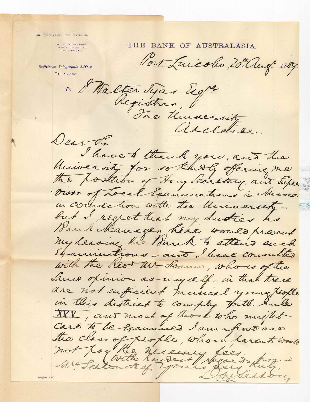 David St John Seddon - Port Lincoln - Cannot Act as Secretary for Local Examination in Music