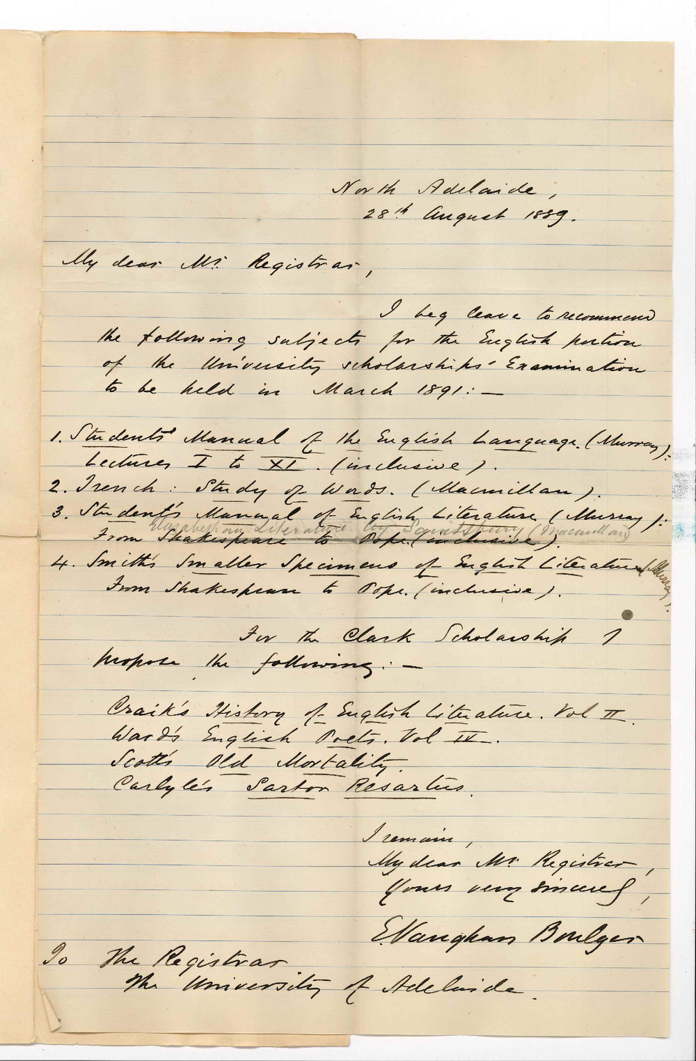 Professor Edward Vaughan Boulger - North Adelaide - Alteration in Subjects for University and J H Clark Scholarships