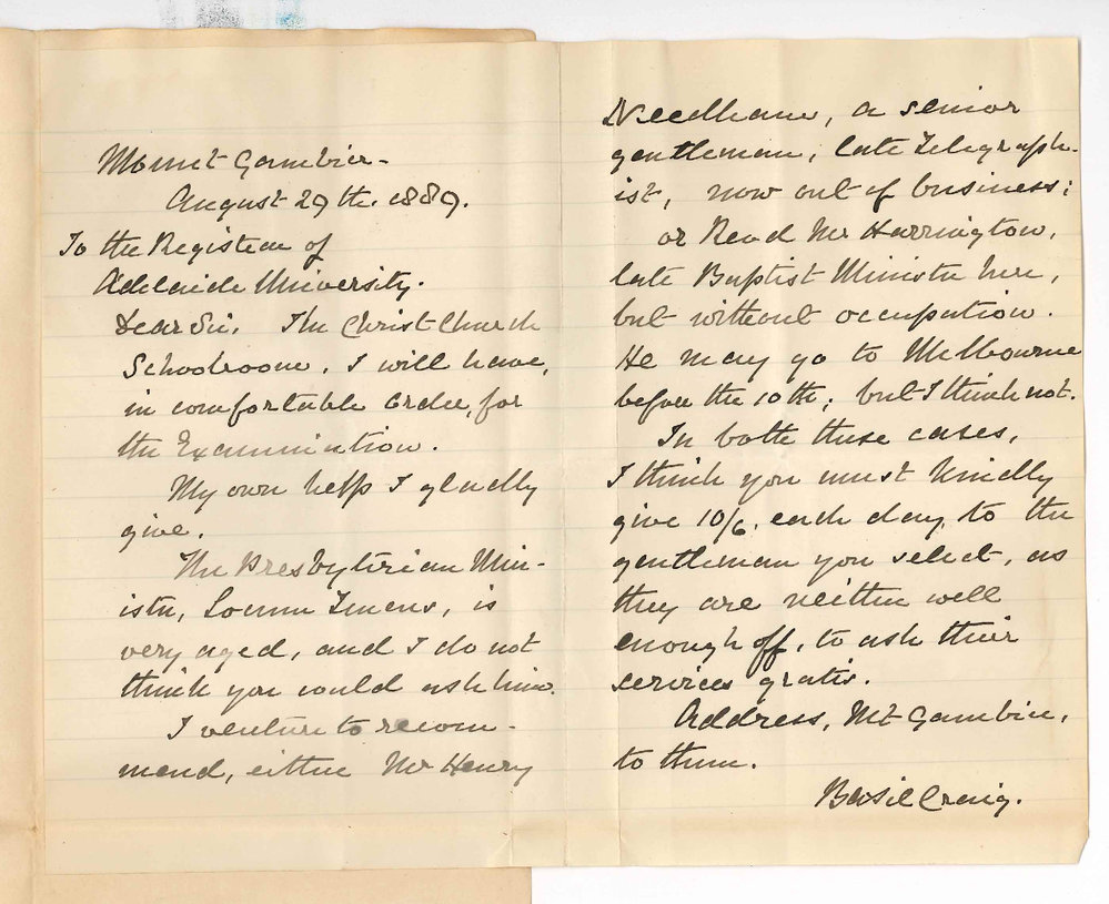 Reverend Dr Basil Craig - Mount Gambier - Concerning Arrangements for Preliminary Examination at Mt Gambier