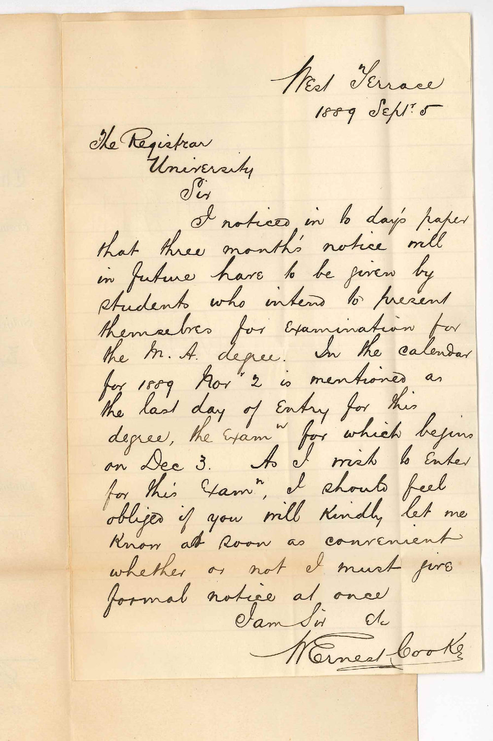 William Ernest Cooke - West Terrace - Regarding Notice for MA Examination