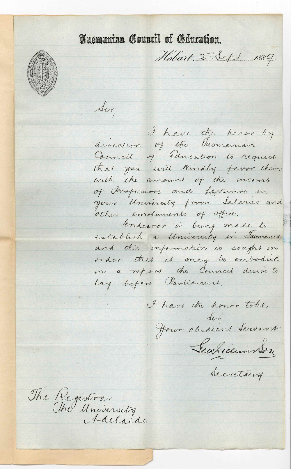 Secretary - Tasmanian Council of Education - Information Regarding Salaries of Professors