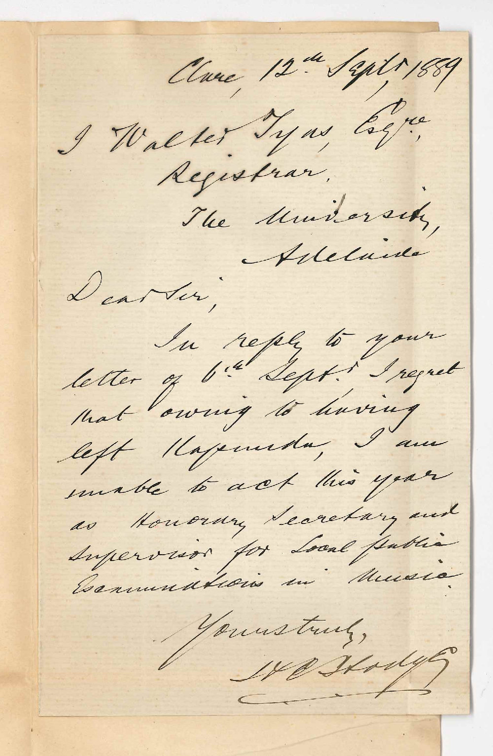 H E Hodge - Clare - Left Kapunda so Unable to Act as Supervisor for Local Examinations in Music