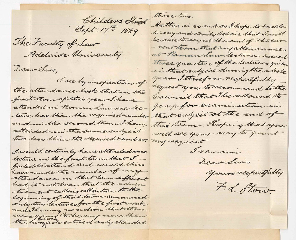 Francis Leslie Stow - North Adelaide - Asking to be Granted Dispensation from Certain Lectures