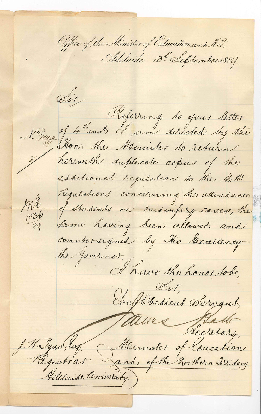 James Bath - Secretary - Office of Minister of Education and Northern Territory - Returning Duplicate Copies of the Additional Regulation to the MB Approved by Governor
