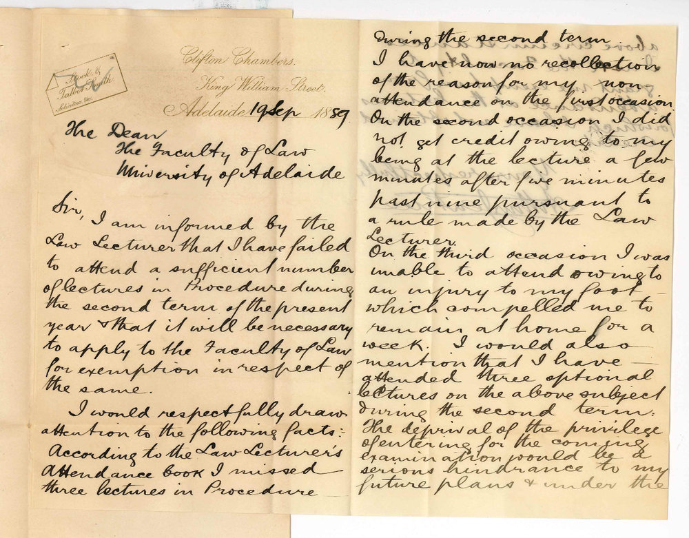 Arthur Jennings Price - Adelaide - Exemption from Lectures