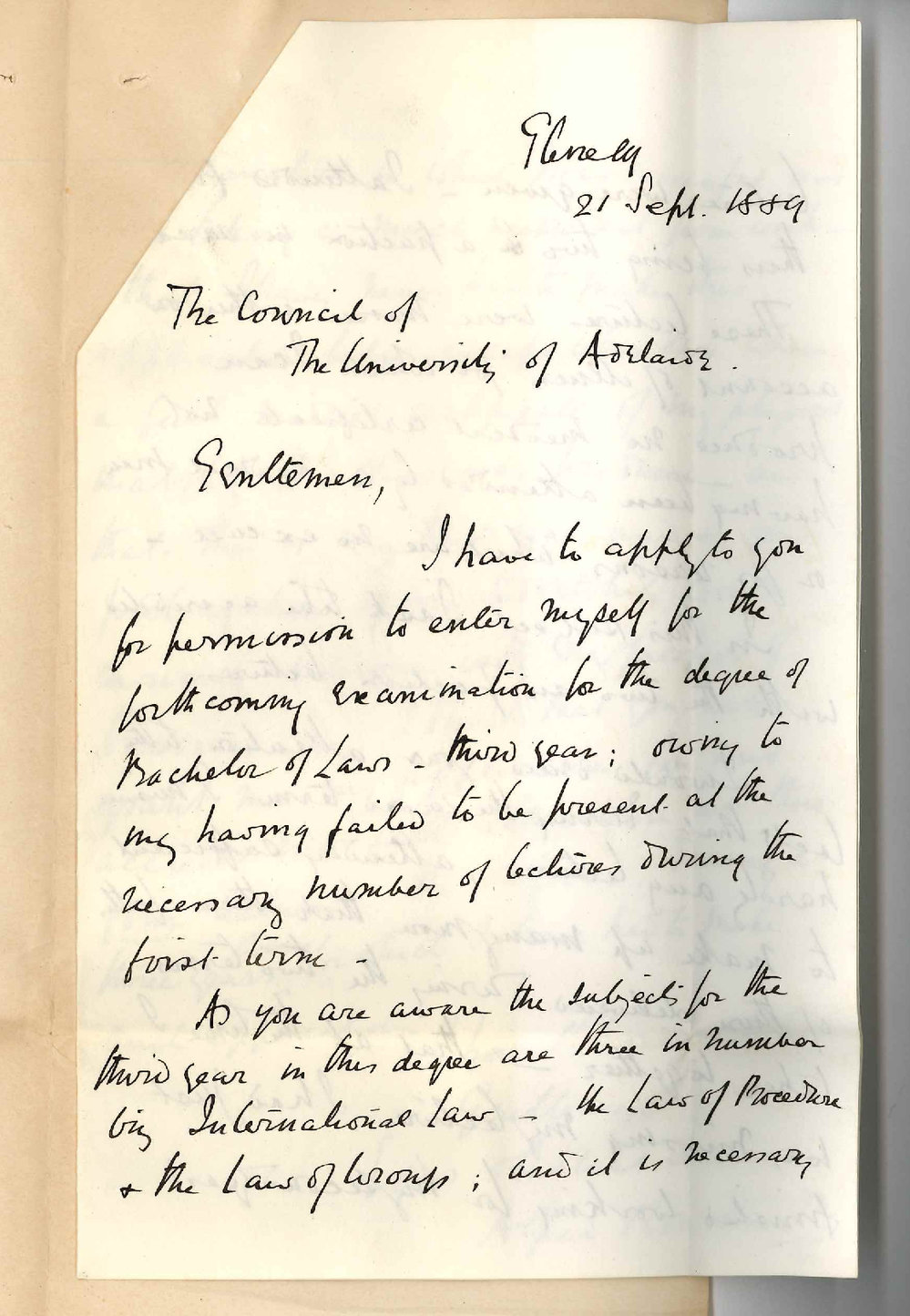 Alfred Bonnin - Glenelg - Permission to go up for Examination