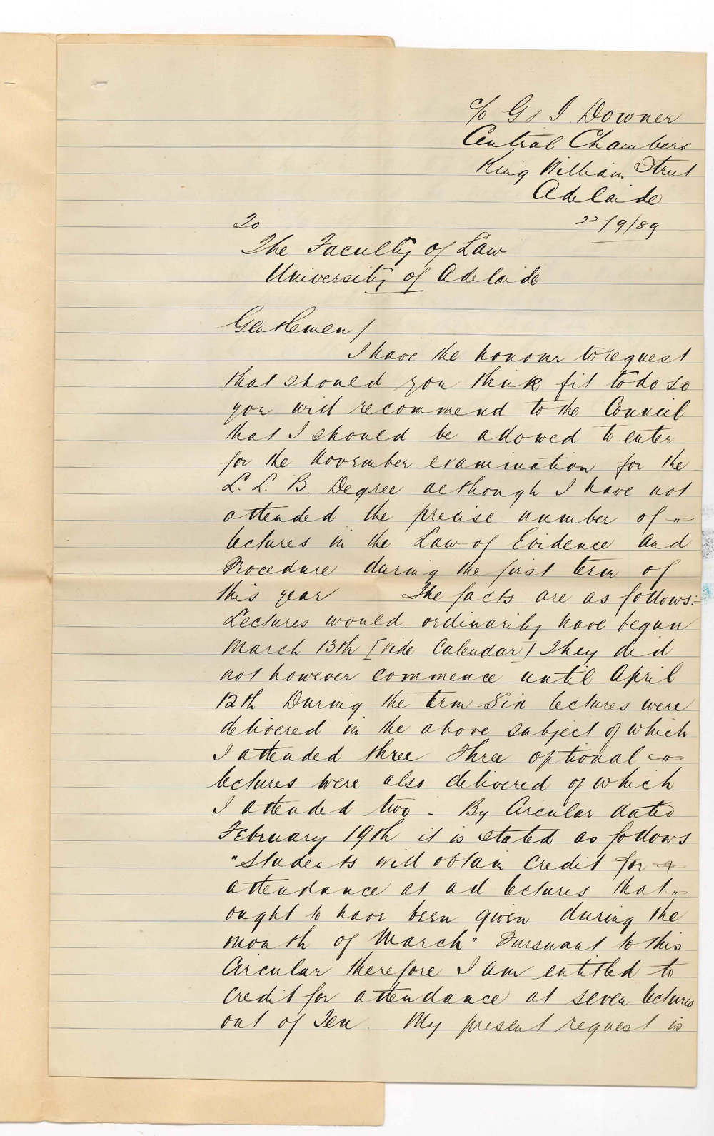 Edward Palmer Horn - Adelaide - Requesting Credit for Attendance on Law Lectures