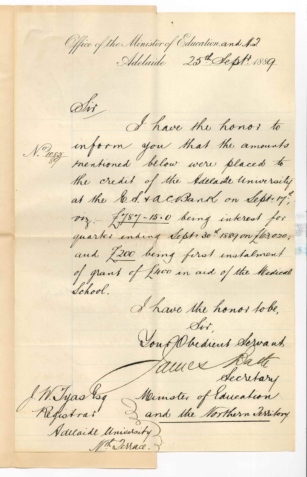 James Bath - Secretary - Office of the Minister of Education - Adelaide - Payment Quarters Subsidy and &pound;200 on Account of Medical School