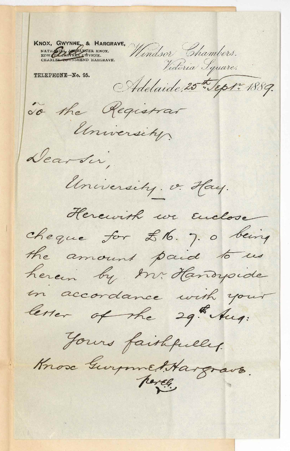 Knox Gwynne and Hargrave - Victoria Square Adelaide - Payment Half Years Rent by W Hay