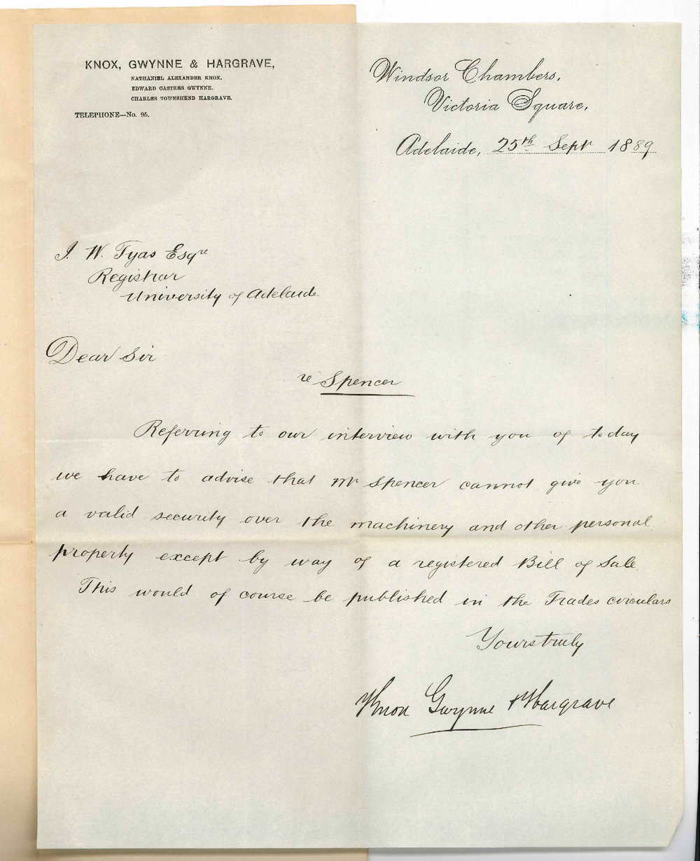 Knox Gwynne and Hargrave - Victoria Square Adelaide - Concerning Bill of Sale Over Mr Spencer's Machinery