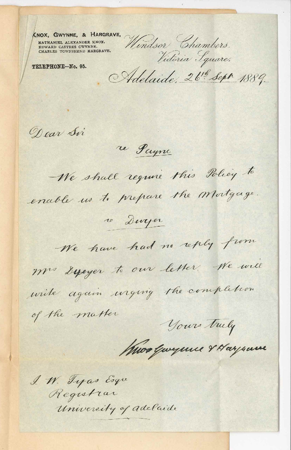 Knox Gwynne and Hargrave - Victoria Square - Adelaide - Assignment of Life Policy Payne - Also Regarding Dwyer