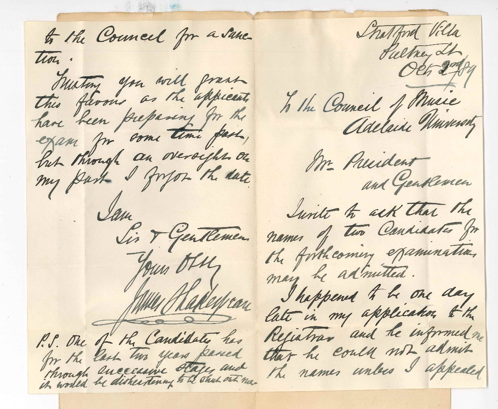 James Shakespeare - Adelaide - Admission of Two Candidates to the Examination in Junior Theory of Music