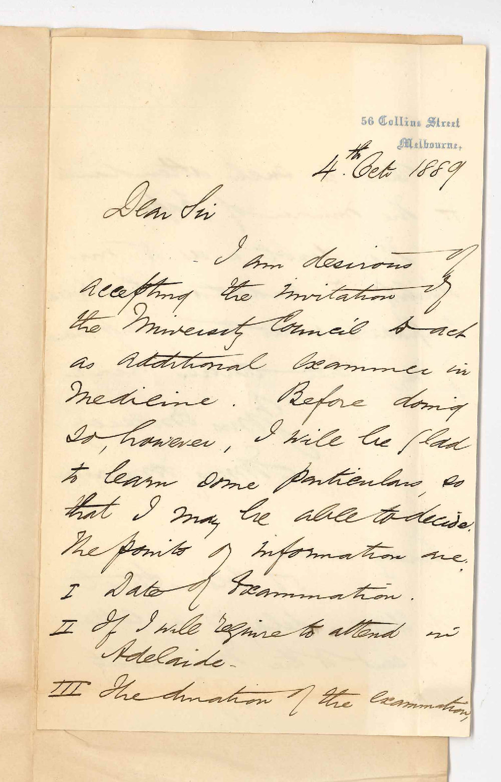 Dr James Jamieson - Melbourne - Will Act as Examiner in Medicine Fifth Year MB - Wants More Information