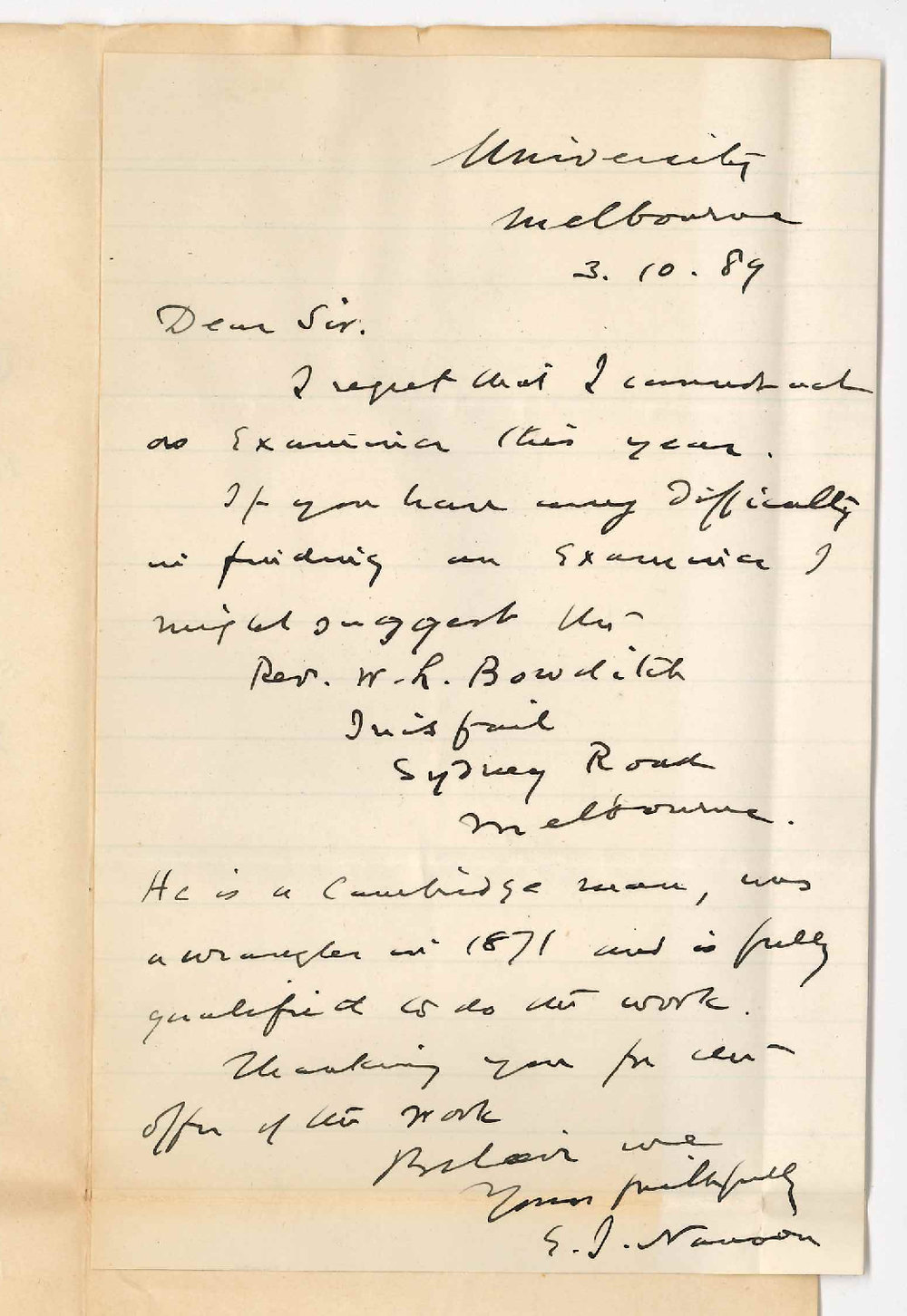 Professor Edward John Nanson - University of Melbourne - Cannot Examine in Mathematics for BA - Suggests Reverend W L Bowditch