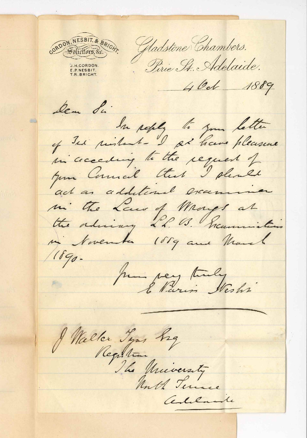 Edward Pariss Nesbit - Adelaide - Will Examine in Law of Wrongs