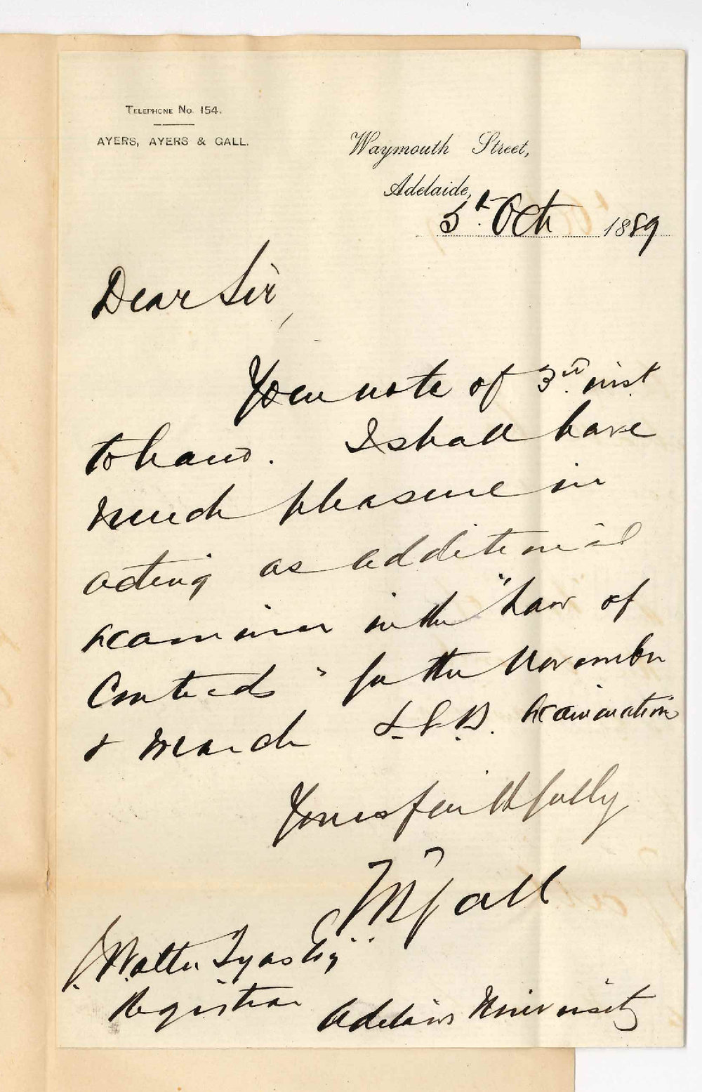 Thomas Berry Gall - Waymouth Street Adelaide - Will Examine in Law of Contracts