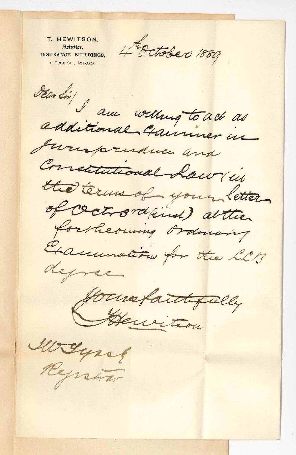 Thomas Hewitson - Adelaide - Will Examine in Jurisprudence and Constitutional Law