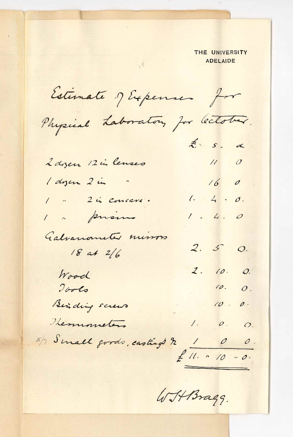 Professor William Henry Bragg - The University - Monthly Estimate of Expenditure