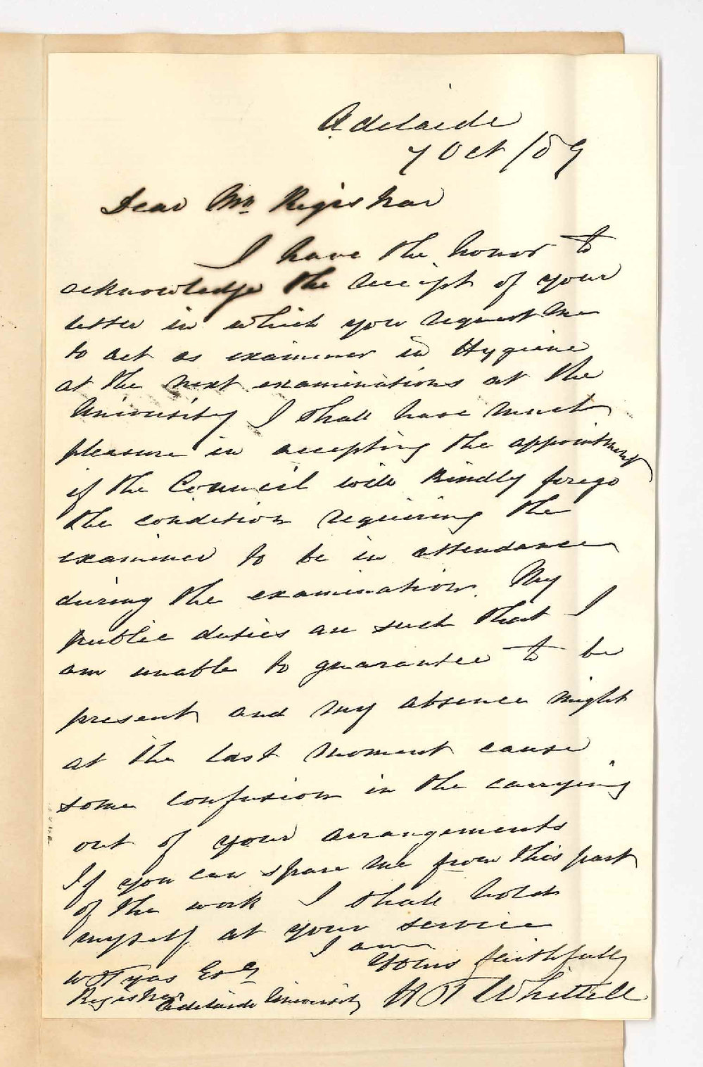 Dr Horatio Thomas Whittell - Adelaide - Will Examine in Hygiene