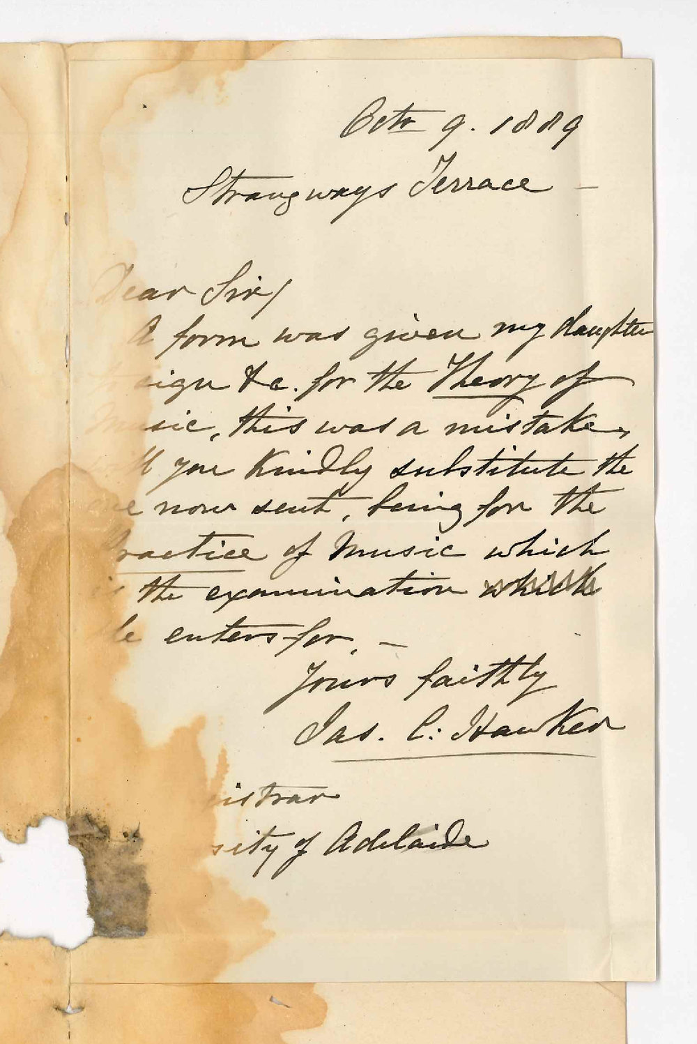 James C Hawker - North Adelaide - Daughter Entered in Error for Junior Theory of Music - Wishes to Transfer to Junior Practice