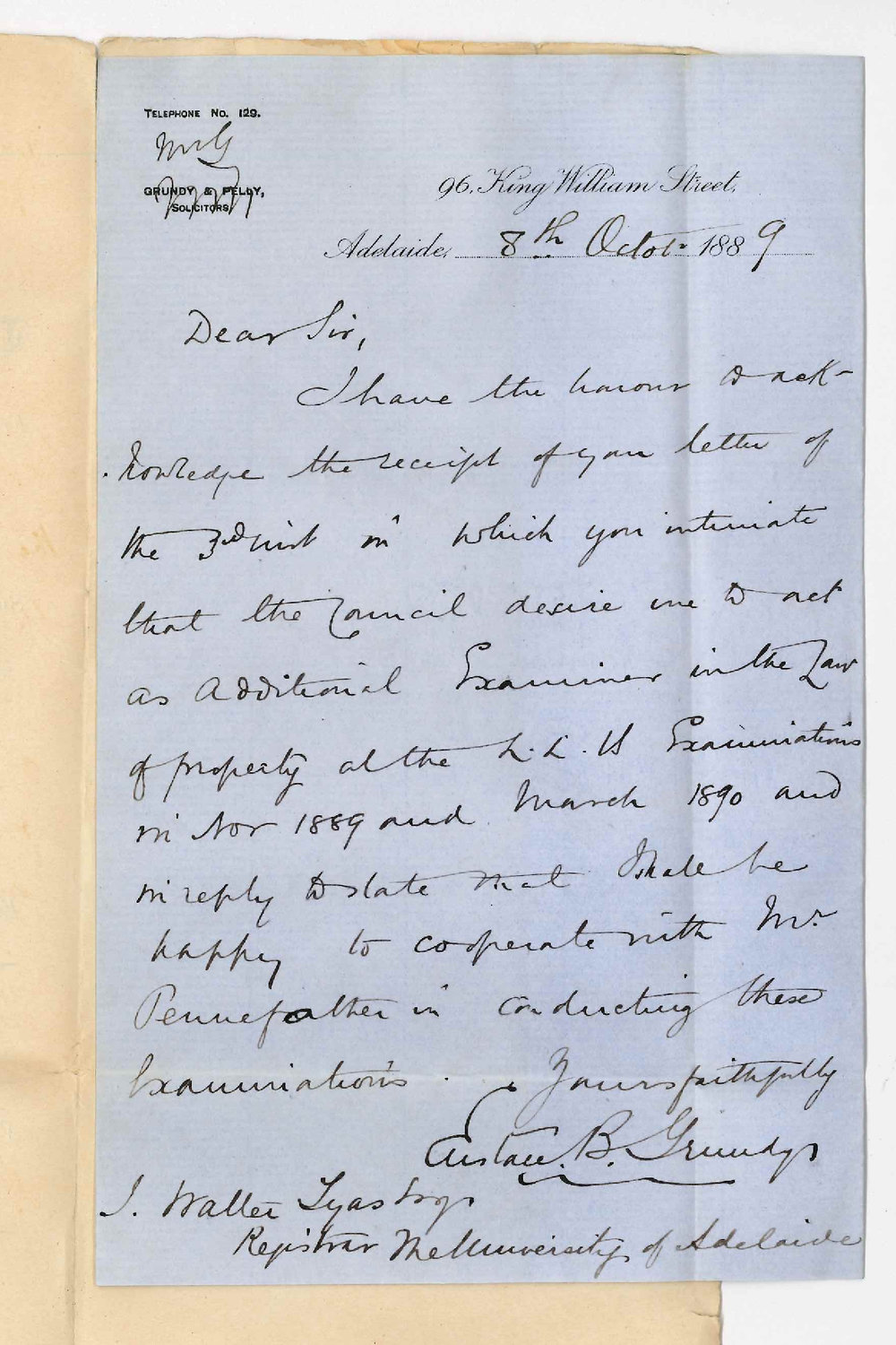 Eustace B Grundy - Adelaide - Will Examine in the Law of Property