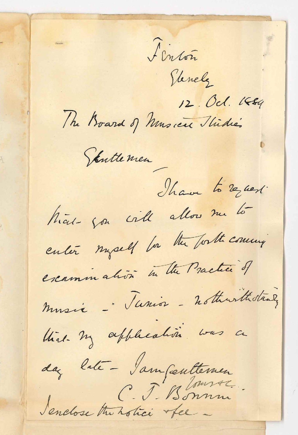 Miss Constance Josephine Bonnin - Glenelg - Application for the Junior Examination in Practice of Music Calendar - Last Day of Entry 10 October 89