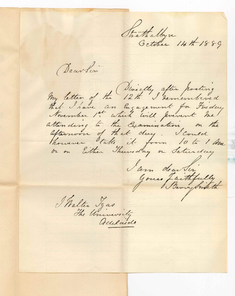 Berry Smith - Strathalbyn - Cannot Attend Examination in Theory of Music on 1 November