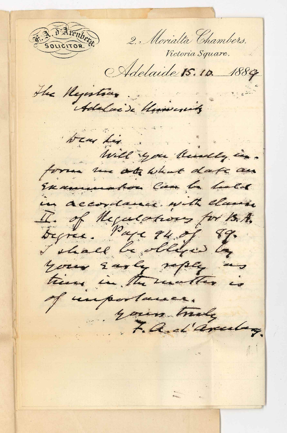 Frederick Augustus d Arenberg - Adelaide - Admission to BA Course Without Passing Senior Public Examination