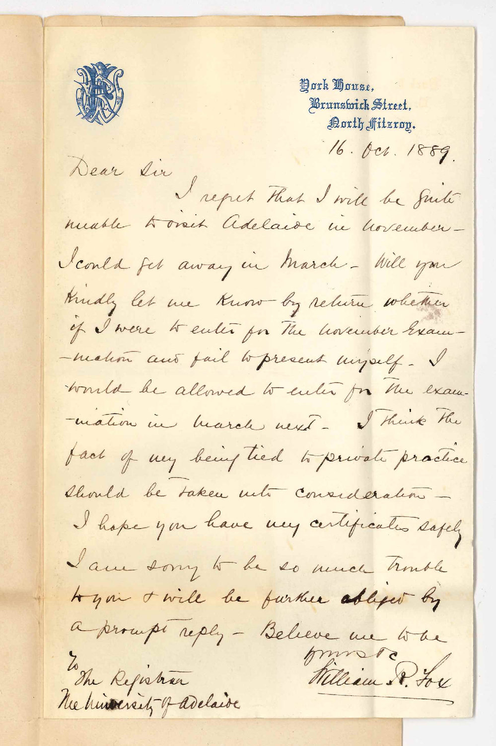 William R Fox - North Fitzroy Victoria - Regarding MB Examination in November 1889 and March 1890