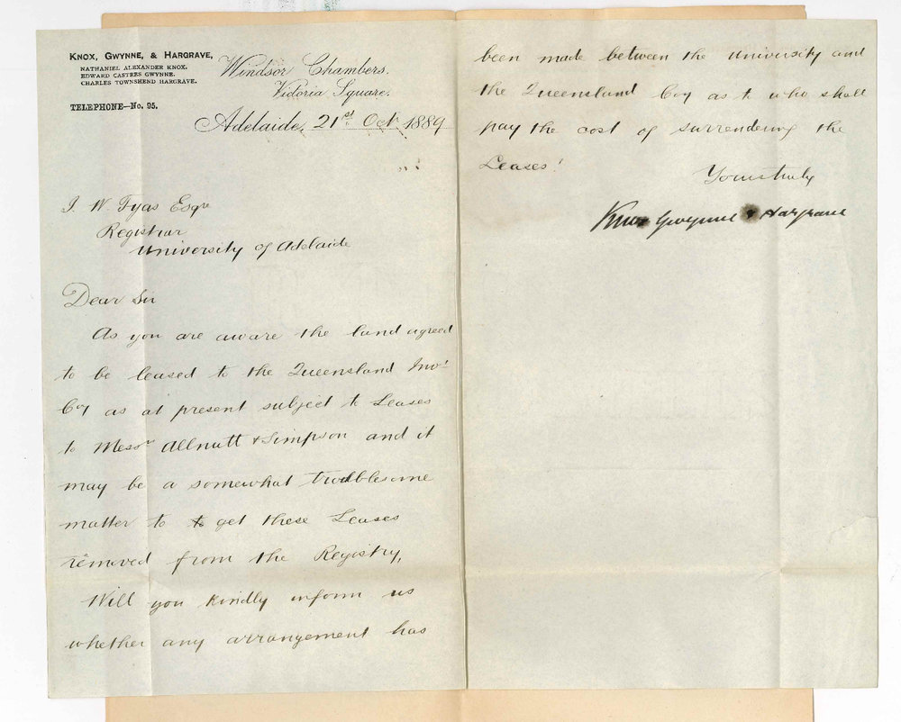 Knox Gwynne and Hargrave - Victoria Square Adelaide - Regarding Transfer of Messrs Allnut and Simpson's Lease to Queensland Investment Company