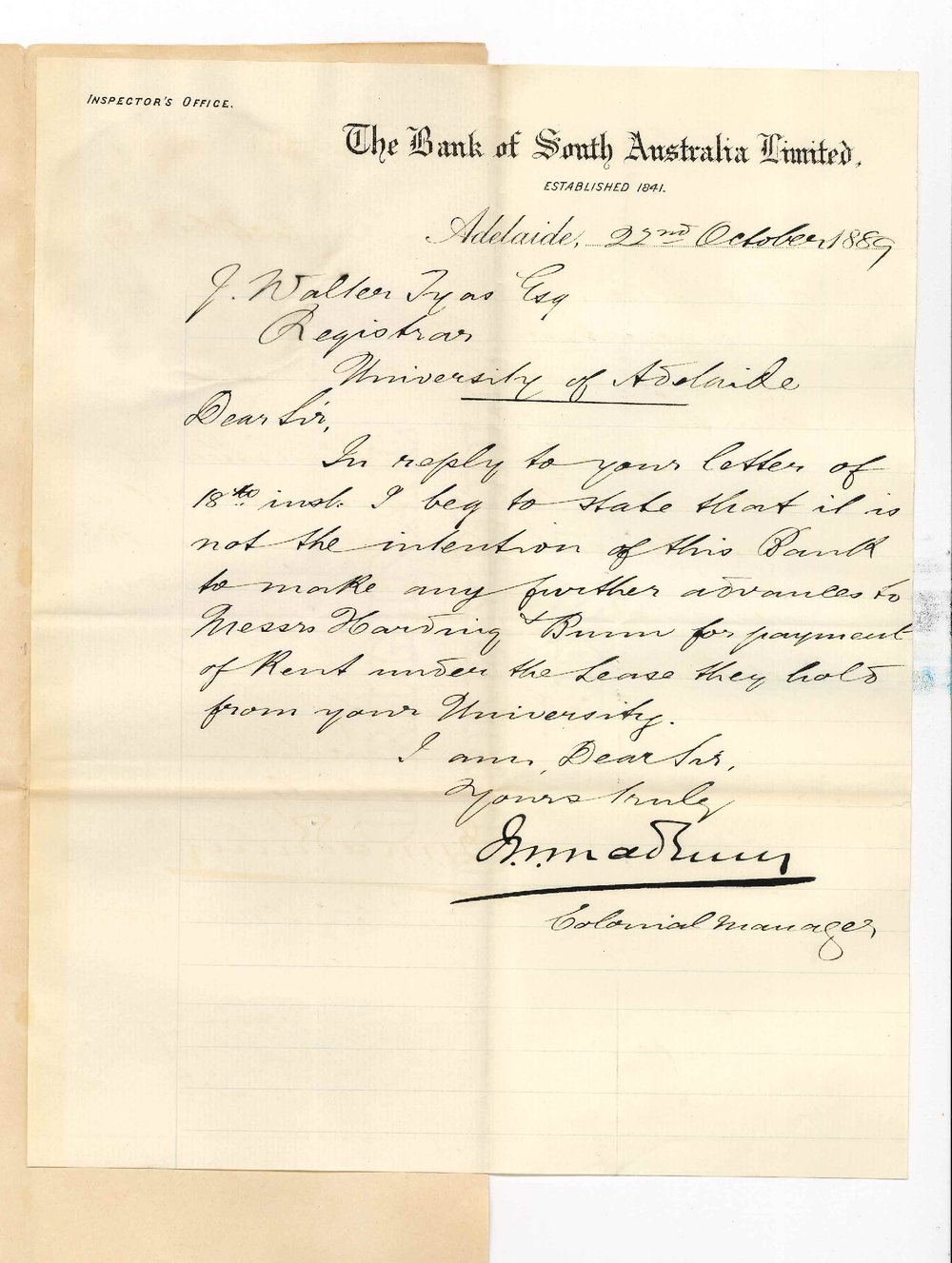 J W Meldrum - Colonial Manager - The Bank of South Australia Ltd - Bank Will Not Pay Harding and Bunns Rent