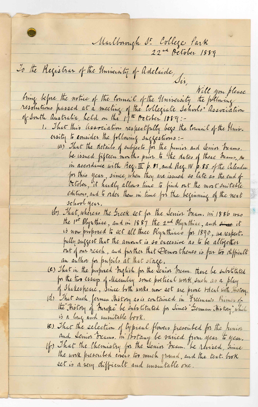Joseph T Sunter - Secretary - Collegiate Schools Association - Alterations in Textbooks for Junior and Senior Public Examinations