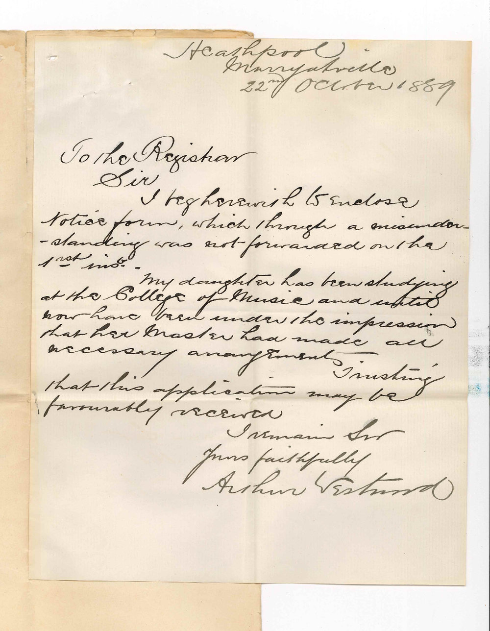 Arthur Westwood - Knightsbridge - Asking that Daughter be Allowed to Enter for Junior Examination in the Theory of Music
