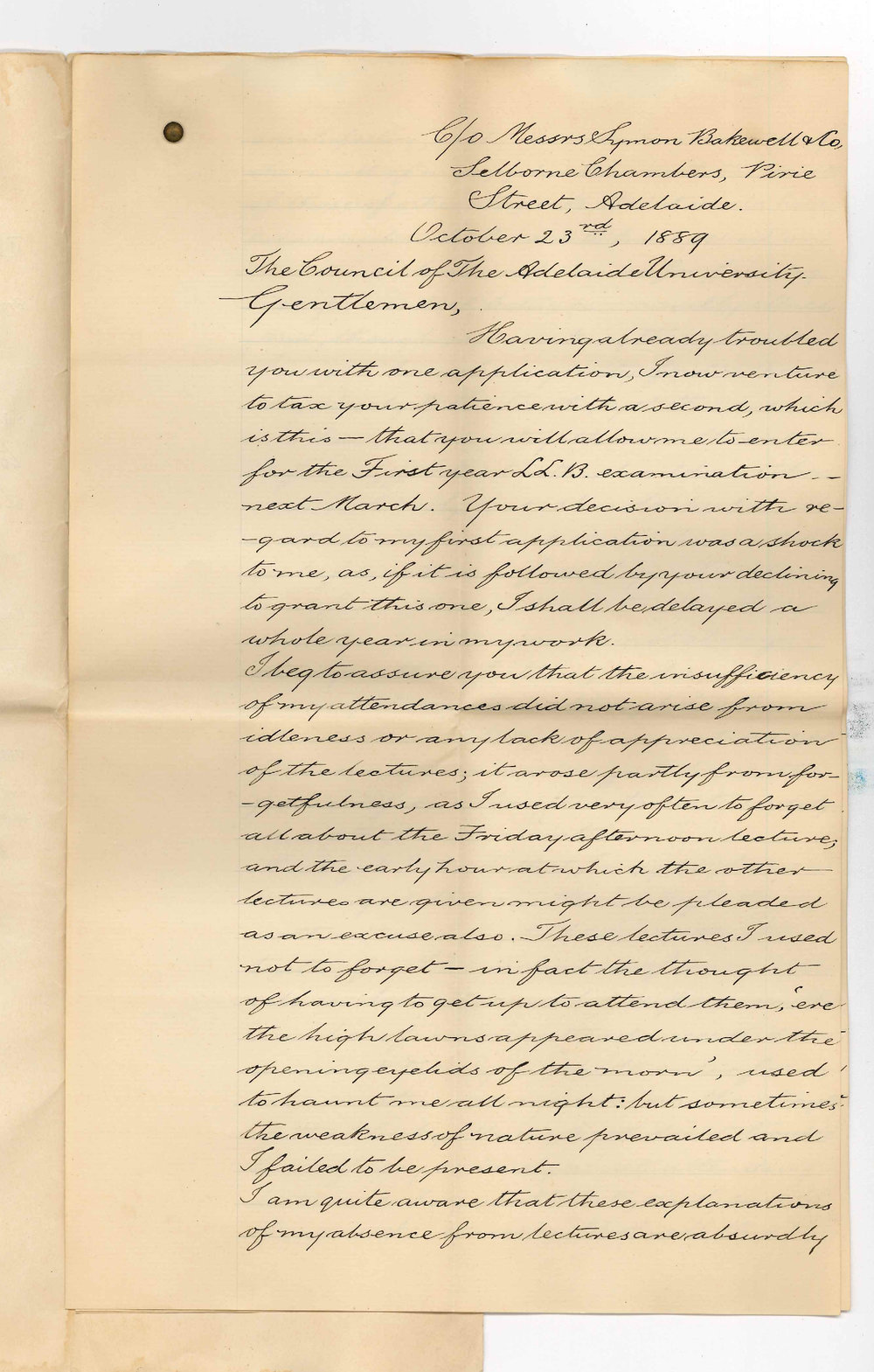 Francis Leslie Stow - Adelaide - Asking to be Allowed to Present himself for First Year LLB Examination in March 1890