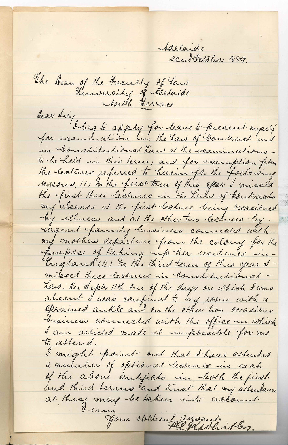 Percy Edward Robert Whitby - Adelaide - Credit for Attendance of Lectures - Permission to Present Himself for Examination in November