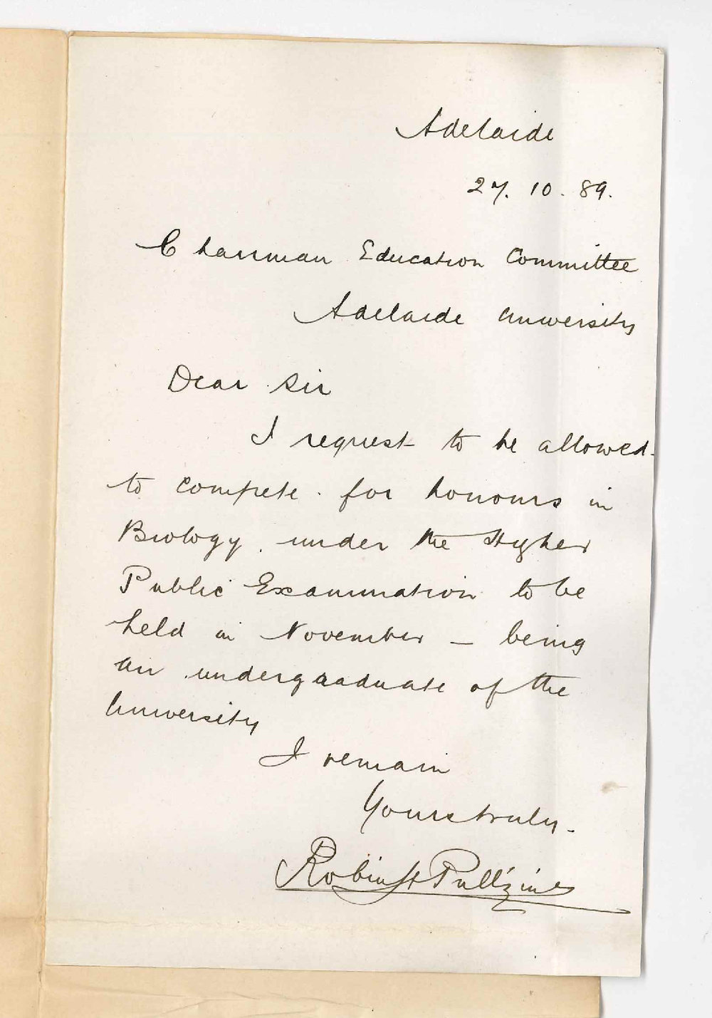 Robert Henry Pulleine - Adelaide - Asking Permission to Take Honours in Higher Public Examination