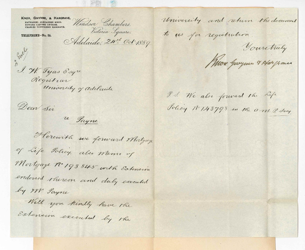 Knox Gwynne and Hargrave - Victoria Square Adelaide - Forwarding Memo of Mortgage and Surrender Paynes Policy